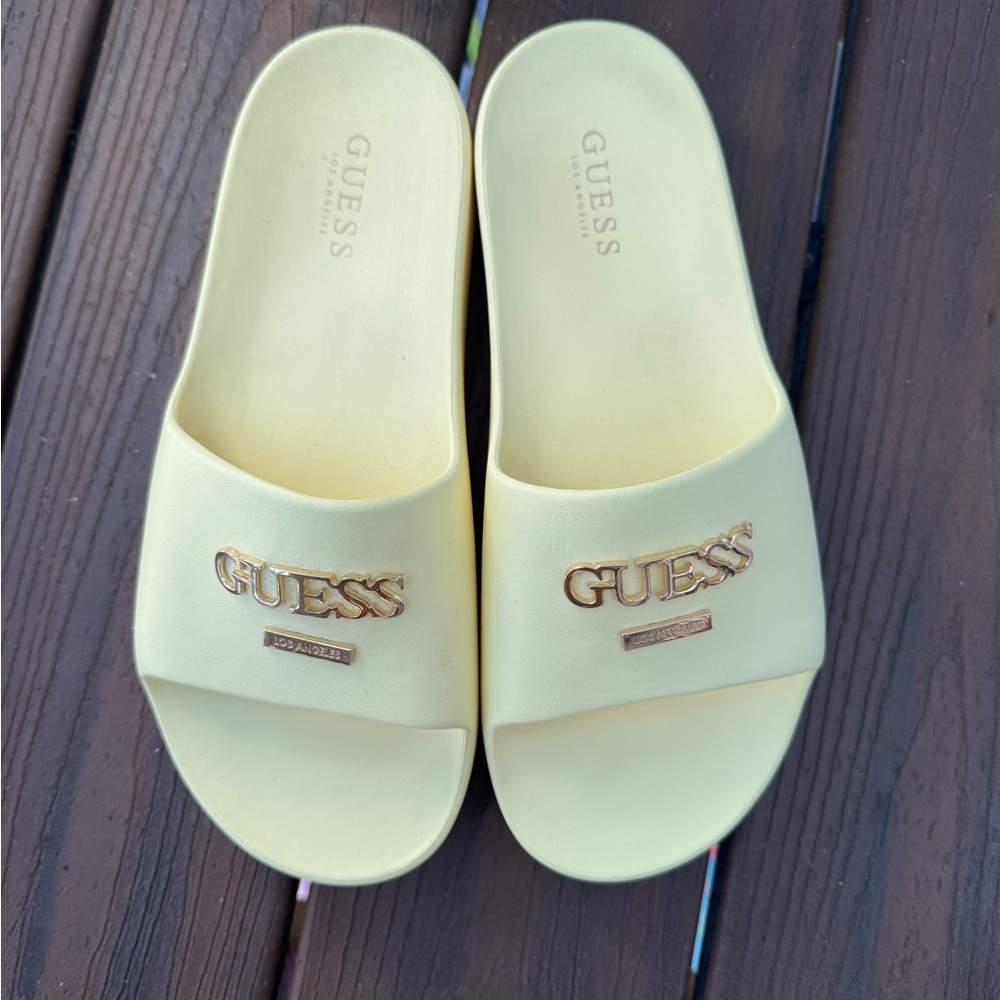 Guess Light Yellow Slide Sandals with Gold Logo